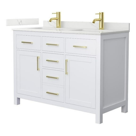 Beckett 48" White Double Vanity & Giotto Quartz Top (1-Hole) & Gold Trim