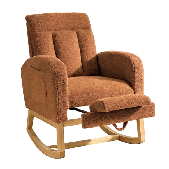 Rocking Chair with Adjustable Footrest, Plush Teddy Fabric Glider Chair with Pocket and Ottoman, Solid Wood Modern Nursery Rocker for Living Room, Bedroom, Nursery