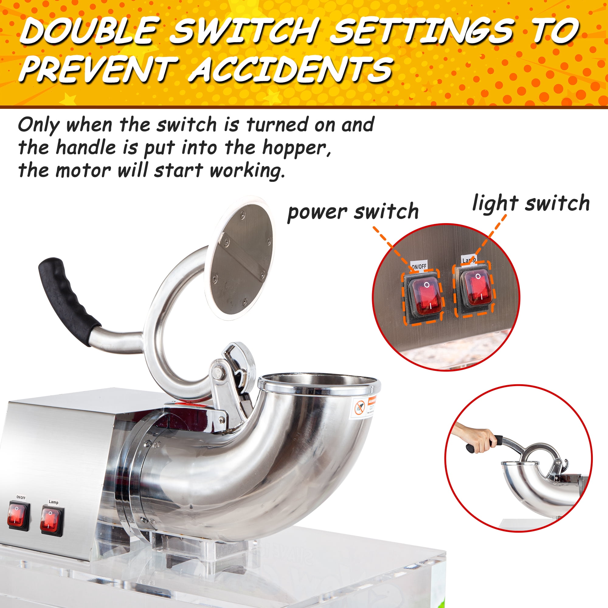110V Commercial Ice Crusher 500LBS/H, 300W Electric Snow Cone Machine, 1450RPM Stainless Steel Shaved Ice Maker with 48L Ice Storage Capacity for Home, Restaurants, and Bars