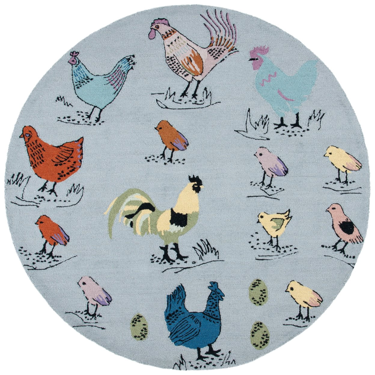 SAFAVIEH Novelty Gracelyn Roosters and Chicks Wool Area Rug, Blue/Yellow, 4' x 6'