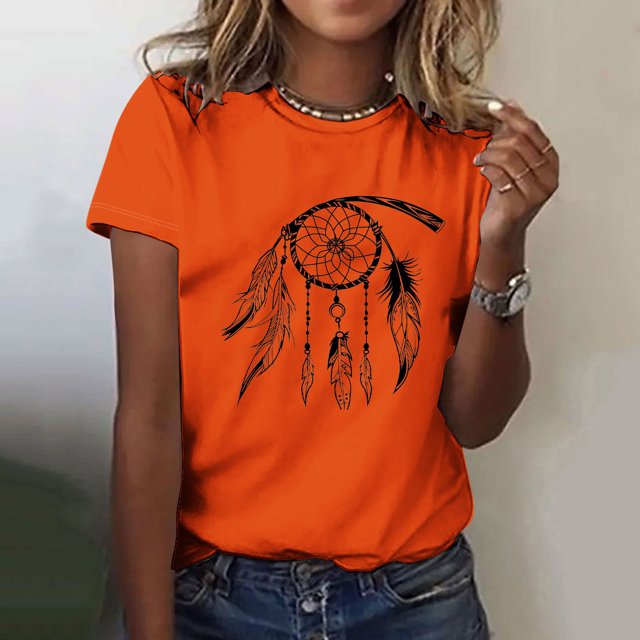 Haut Mode Femme Orange Imprimé Festival Col Rond Manches Courtes Blouse en Polyester Confortable pour Travail Ou Usage Quotidien