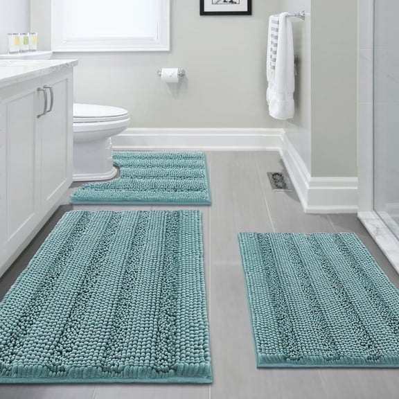 PrimeBeau Bathroom Rugs Sets Thick Striped Non Slip Soft Absorbent Chenille Bath Mat Set for Tub, Shower, and Toilet