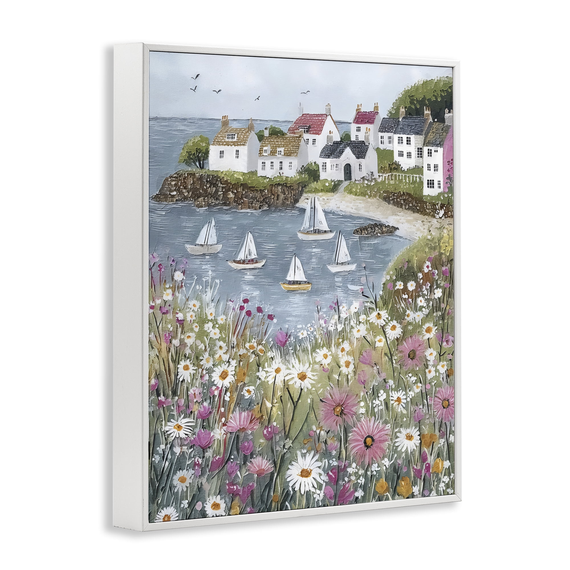 Stupell Industries Seaside Sailboats in Village Bay White Framed Giclee Art, design by Riley B