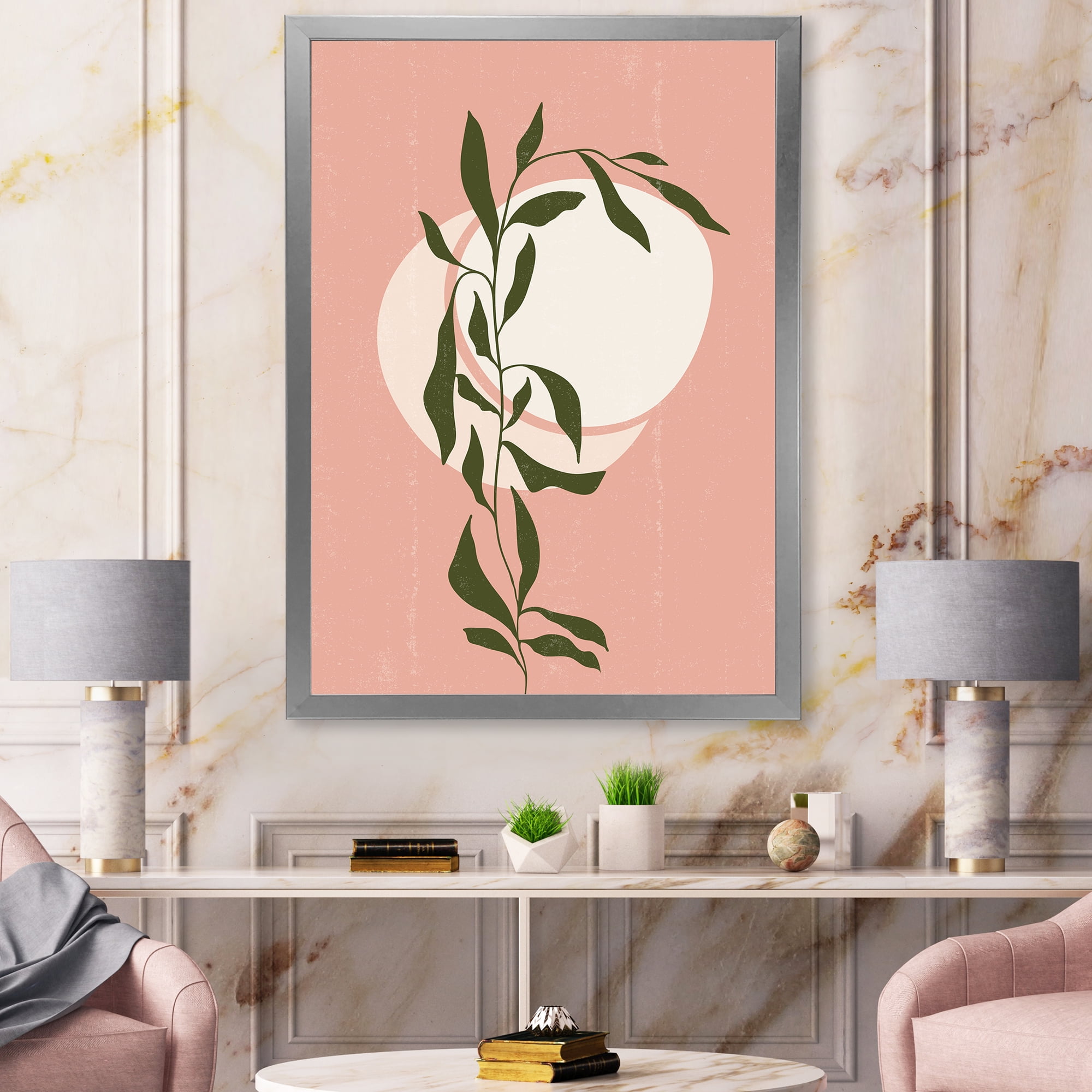Designart 'Abstract Geometrical Moon and Sun With Leaf VI' Modern Framed Art Print