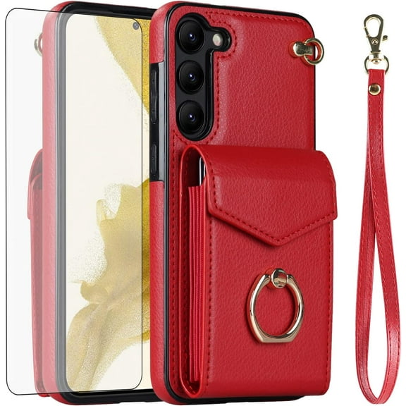 REQO Phone Case for Samsung Galaxy S23 5G Wallet Cover with Tempered Glass Screen Protector and RFID Blocking Ring Credit Card Holder Leather Cell S 23 23S GS23 G5 SM-S911U 6.1 inch Women Red