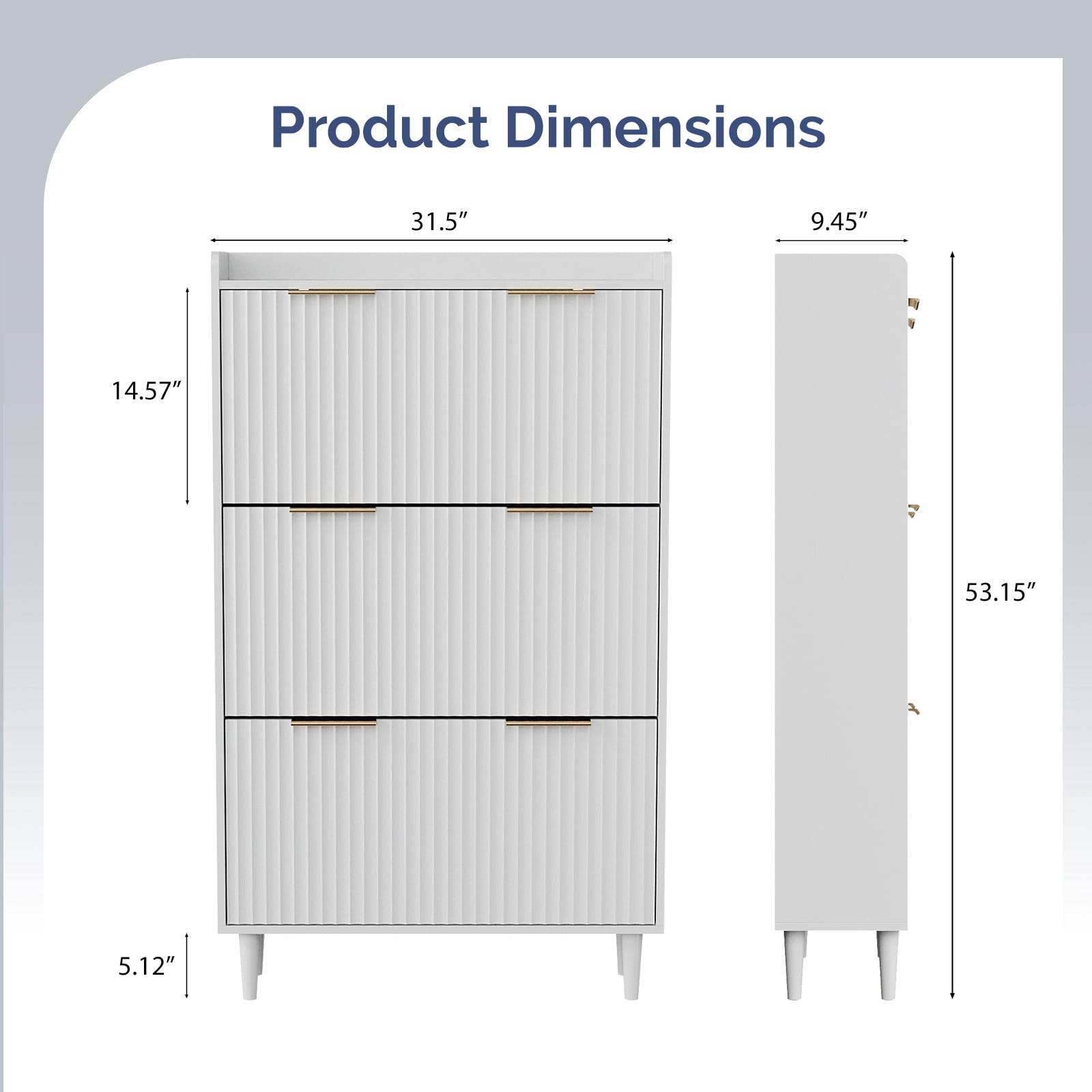 3-Drawer Shoe Cabinet with Top Grille Panel MDF Door Panels with Thermoforming + Champagne Gold Door Seams and Handles + Conical White Legs for the Shoe Cabinet, 31.61*9.45*52.95in, White