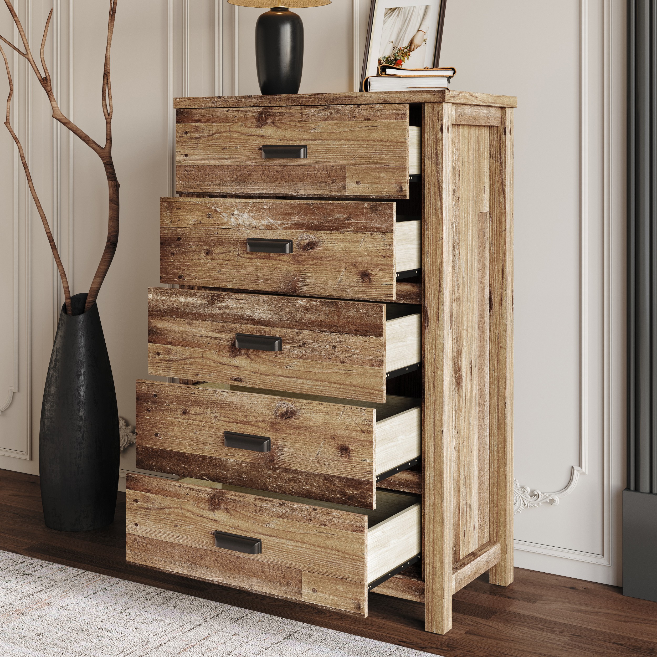 Home Design Racine 5-Drawer Chest, Vintage Oak, Wood, Classic Bedroom Storage