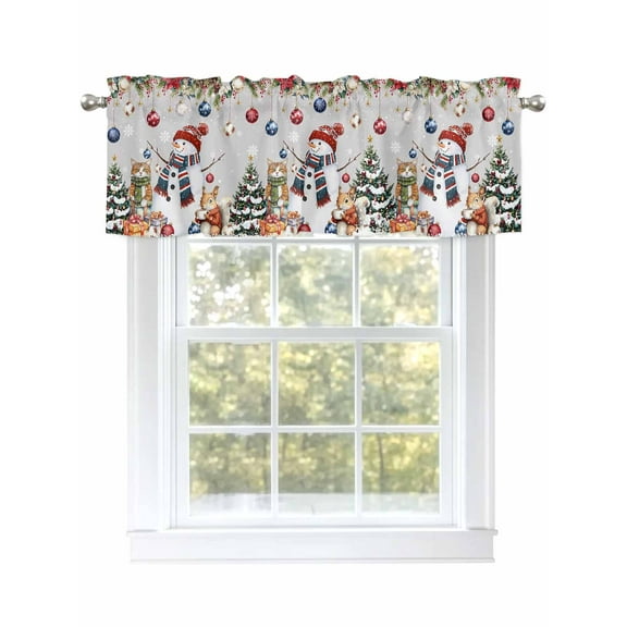 Christmas Snowman Valances for Windows Squirrel Cat Xmas Tree Ball Gray Winter Rod Pocket Curtains Valance Short Window Treatment Drapes for Living Room, Bedroom Bathroom 42" W x 18" L