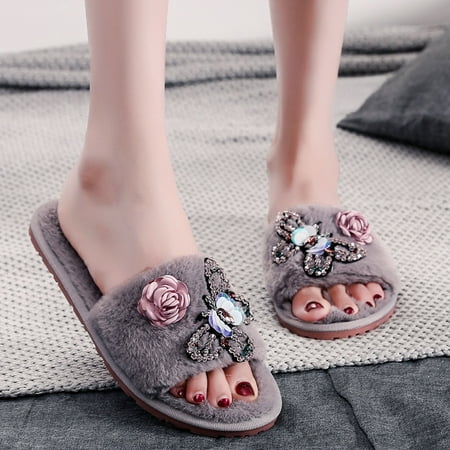 

FZM Women shoes Plush Shoes Flat Open Slip On Home Flowers Slippers Toe Warm Furry Keep Women Home Women s Slipper