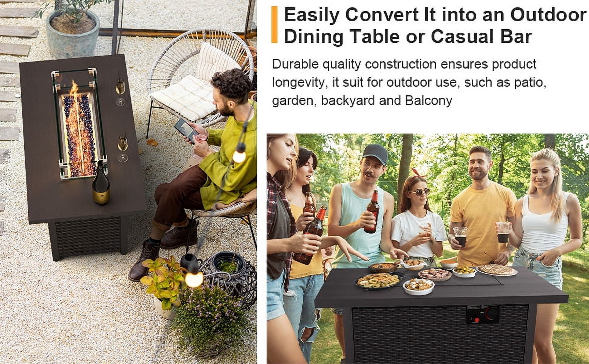 GOJOOASIS 42” Fire Pit Table, Propane Fire Pit with Metal Tabletop Auto-Ignition Outdoor Rattan Fire Pit with Glass Wind Guard & Waterproof Cover