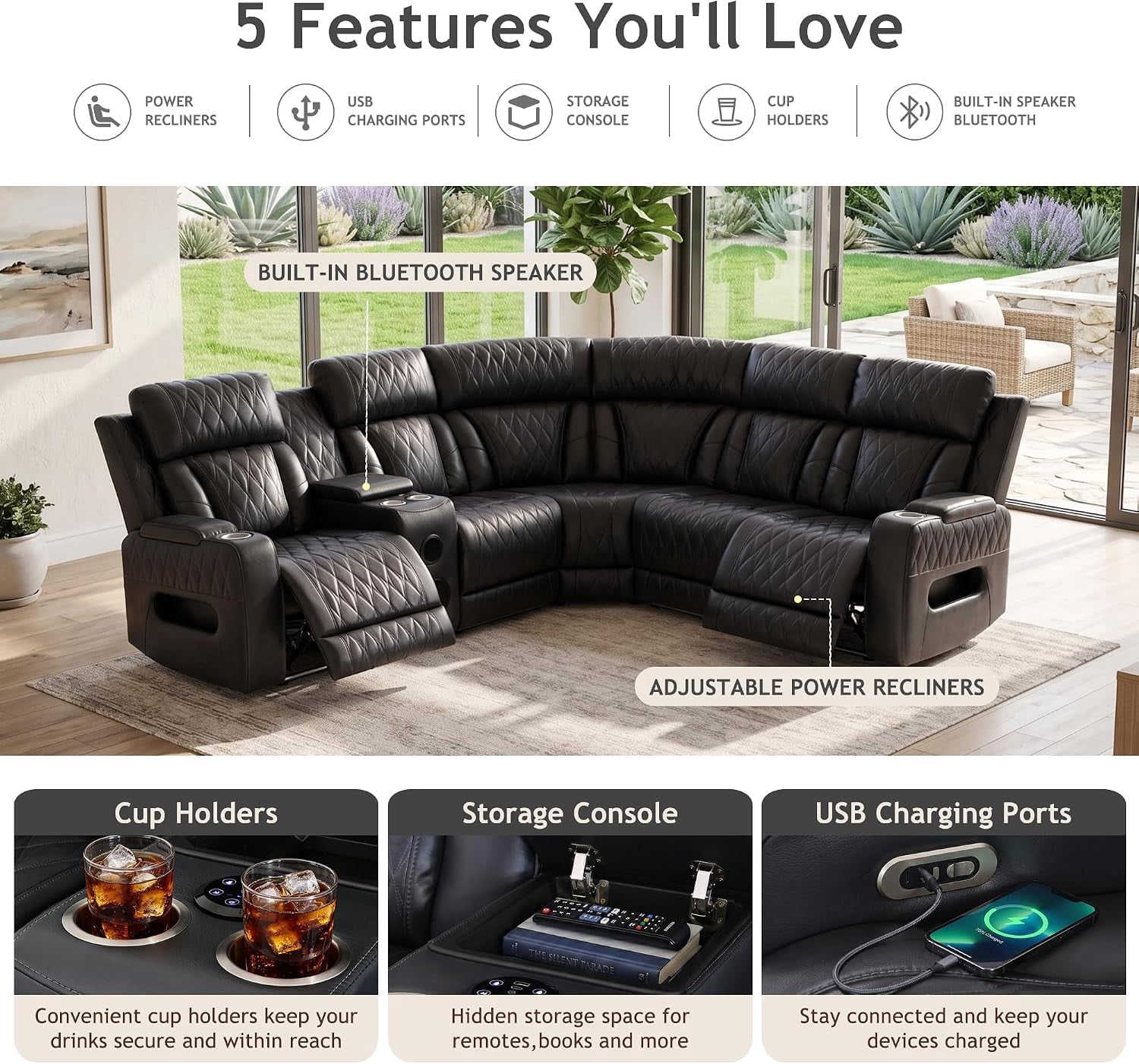 5 Seat L-Shaped Recliner Couch with USB Charging, 3PCS/Set Power Reclining Sectional Sofa with Cup Holders and Storage for Living Room, Home, Theater Seating, House, Apartment