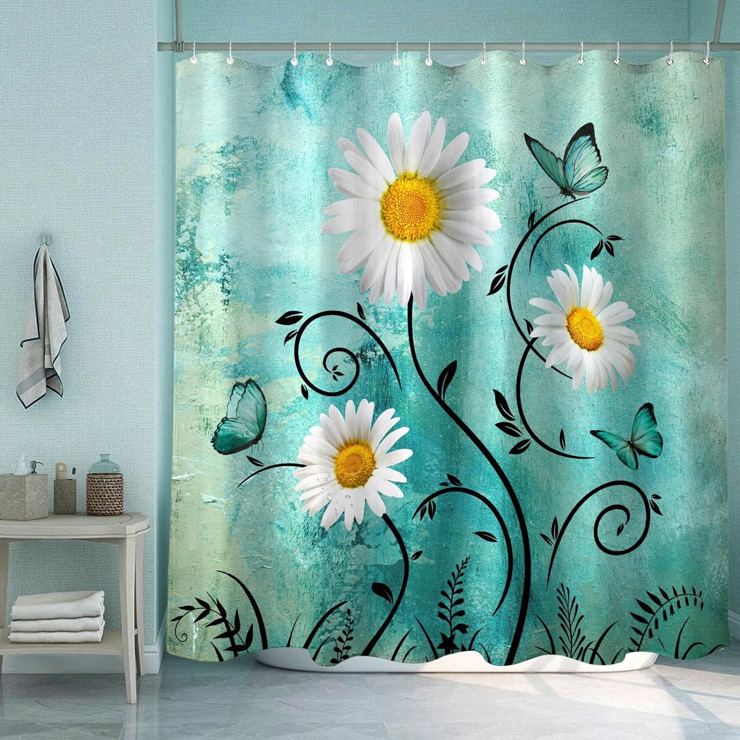Rustic Farmhouse Shower Curtain White Daisy Floral Turquoise Waterproof Fabric Shower Curtains for Bathroom Flower Teal Butterfly Bath Curtain Decor with Hooks (Dark Teal, 72'''' x 72'''')