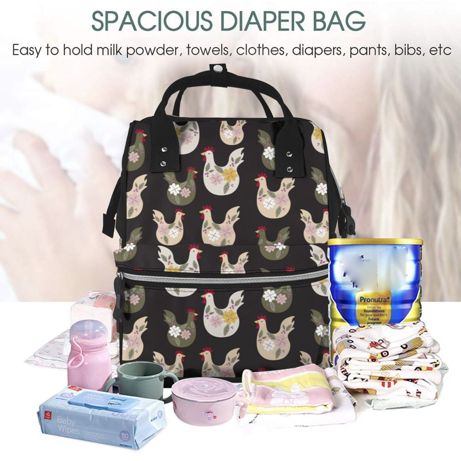 Kdxio Baby Diaper Backpack,Multi-Function Travel Backpack Nappy Bags,Nursing Bag, Fashion Mummy,Roomy Waterproof for Baby Care(Flowe Rooster)