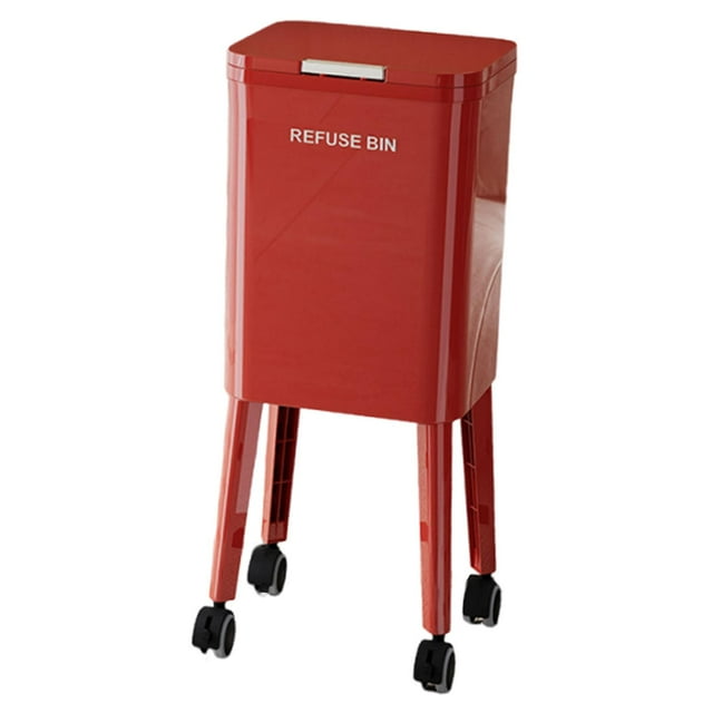 Cubo de basura doméstico de 15,5 litros con tapa a presión, 31 x 24 x 69 cm, diseño compacto para espacios reducidos, con accesorios multifuncionales Rojo