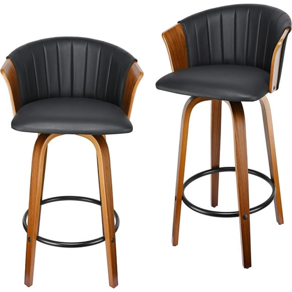 Swivel Bar Stools Set of 2 with Faux Leather Upholstered Seat and Back, 23.6 Inch Mid-Century Kitchen Counter Stools Bar Pub Chairs, Wood Frame & Metal Footrest