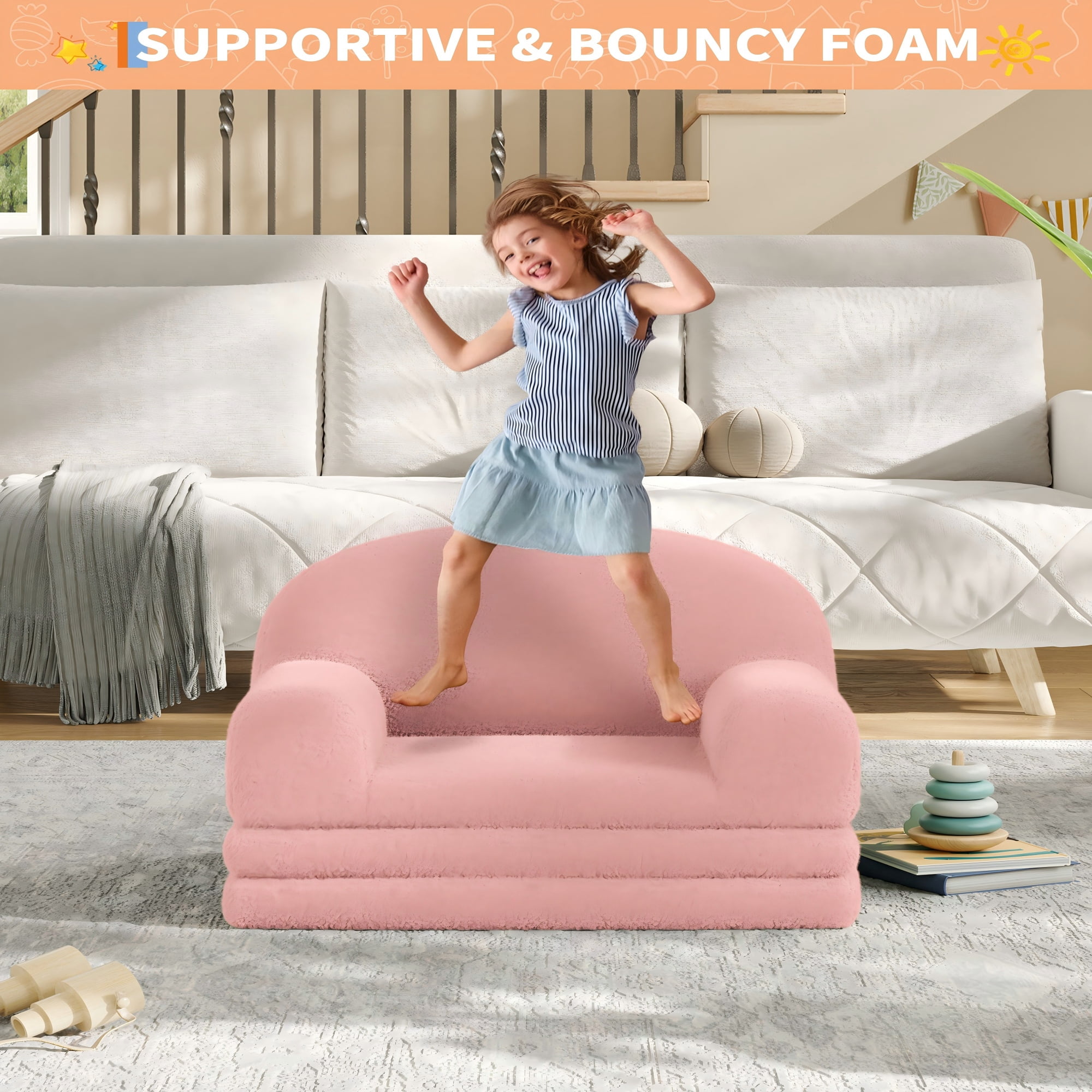 COZONY 2-in-1 Kids Sofa Chair, Convertible Toddler Couch Lounger, Fold-Out Teddy Fleece Sofa Bed