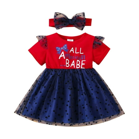 

HTGFGMGW Baby Girl Clothes Toddler Girls Short Sleeve Independence Day Letter Printed Dress 4th Of July Kids Stars Tulle Princess Dresses Headbands Baby Girl Gifts Red