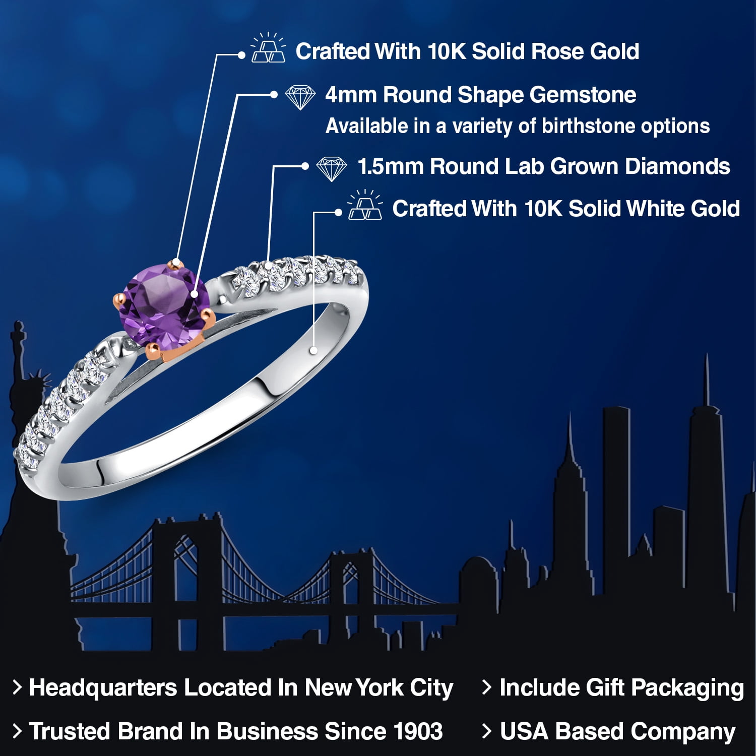 Gem Stone King 10K Two Tone Gold Purple Amethyst and Lab Grown Diamond Engagement Ring for Women | 0.43 Cttw | Round 4MM | Gemstone February Birthstone | Size 8