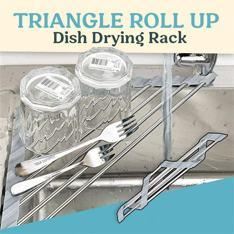 Slopehill Triangle Dish Drying Rack for Sink Corner Roll Up Dish Drying Rack Folding Stainless Steel Multipurpose Over The Sink Corner Dish Drainer Mat for