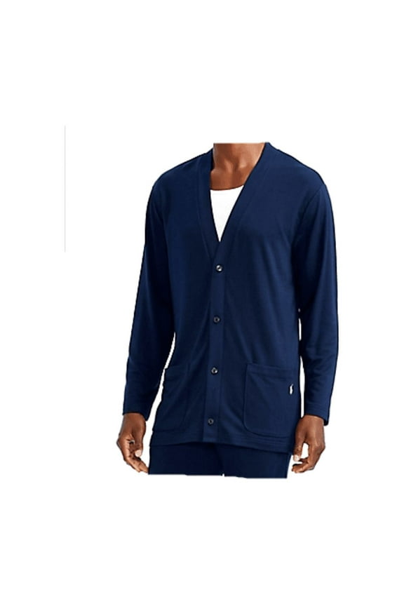 Men's Long Sleeve Mini Terry Cardigan, Navy, Size Medium