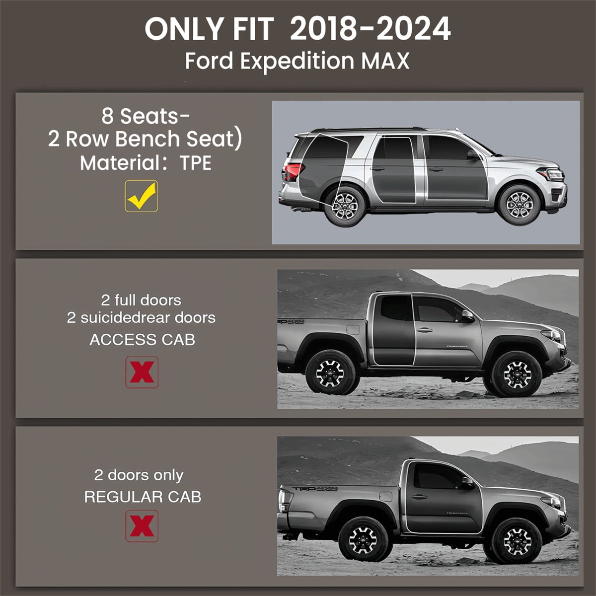 WheelX Floor Mats & Trunk Mat & Backrest Mat for 2018-2024 Ford Expedition MAX 8 Seats-2 Row Bench Seat TPE All Weather Protection 3 Rows Car Floor Liners with Cargo Liner Accessories