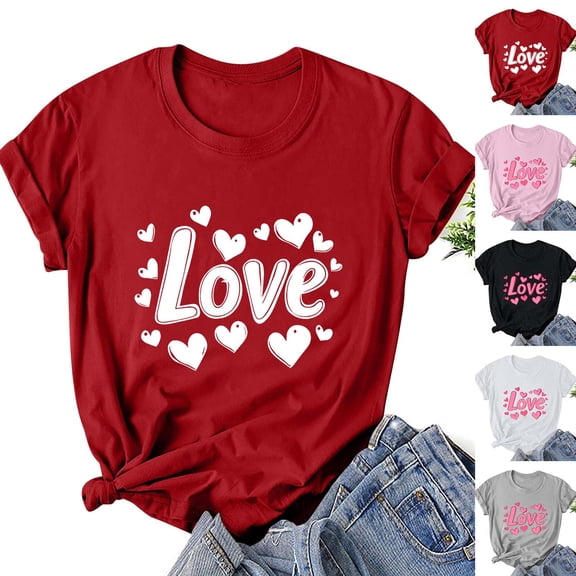 VKOYWKM Valentines Day Heart T Shirts for Women Cute Love Heart Graphic Tees Short Sleeve Crew Neck Loose Fit Holiday T-Shirts Valentines Day Gifts Tops