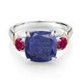 thumbnail image 2 of Gem Stone King 925 Silver and 10K Yellow Gold Blue Lapis and Red Created Ruby 3 Stone Ring for Women (4.00 Cttw, Gemstone Birthstone, Cushion 10MM, Round 4MM, Size 6), 2 of 3