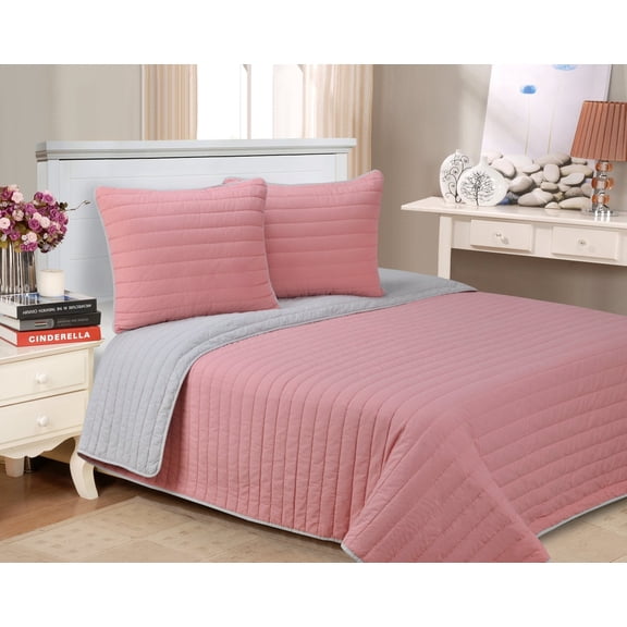 Brandon Fine Stitched 100% Long-Staple Cotton Quilt Set, Vertical Stripes Pink / Twin/Twin XL