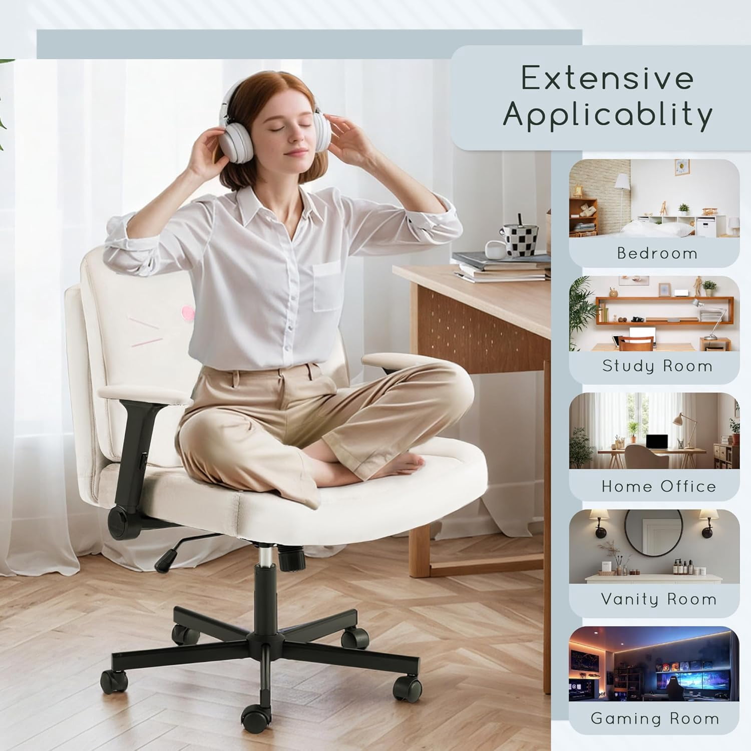 Vicluke Criss Cross Chair with Wheels, Oversized Office Chair Featuring Extra-Wide Seat & Adjustable Backrest for Home Office, Cute & Comfortable Chair for Dressing, Gaming, Reading(Beige)