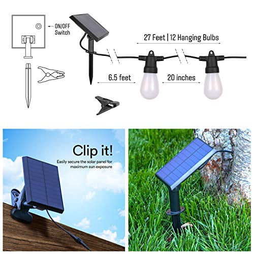 Brightech Ambience Pro Solar Black 27 ft Non Hanging LED Flame Bulb Outdoor String Lights, .5 Watt, S14 Light Bulbs, 2700K