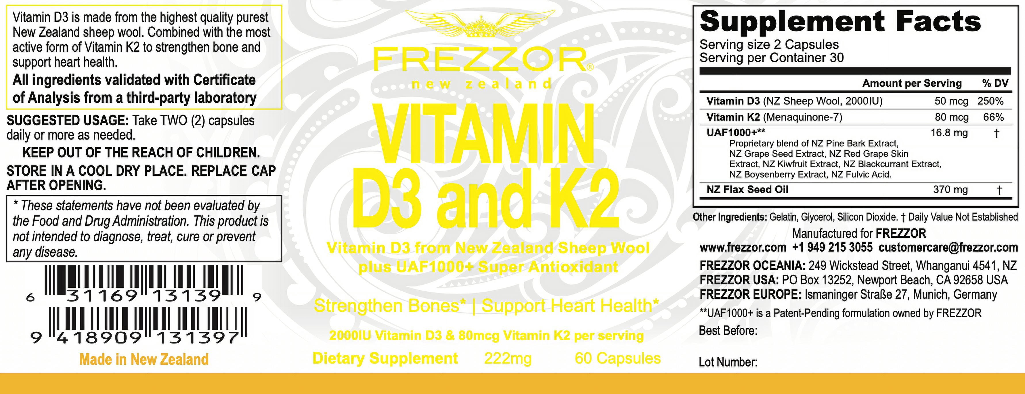 FREZZOR Vitamin D3 and K2, Bone & Heart Health, One Bottle, 60 Capsules
