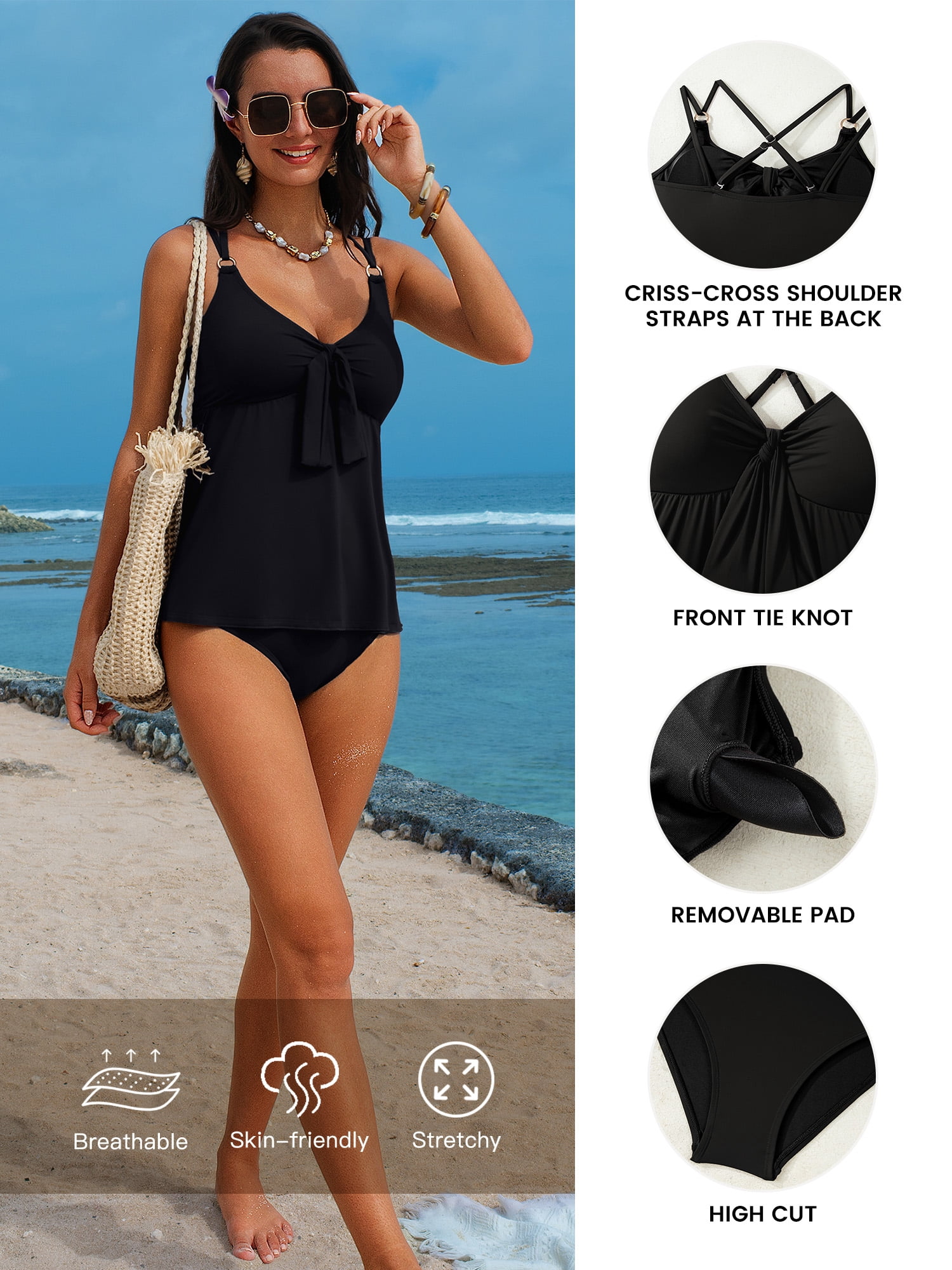 DOKOTOO Womens Tankini Sets V Neck Push Up Swim Top with Swim Bottom Flowy Tummy Control High Waisted Bathing Suits Black L US12-14