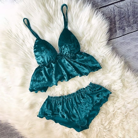 USSUMA Womens Lingeries Sexy Lingerie for Women Plus Size Womens Underwear Ladies Fashion Solid Color Erotic Hollow Sexy Deep V Satin Sexy Camisole Top Short Pajama Suit Coupon Centre Blue XXL