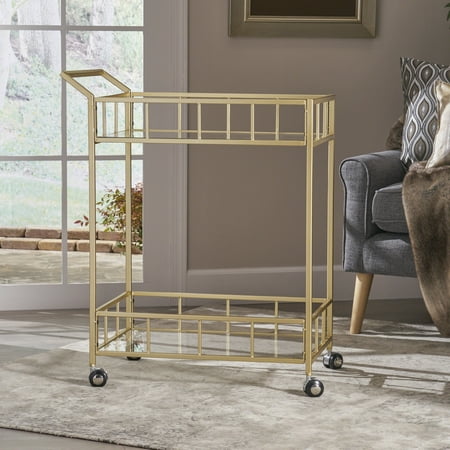 - Noble House Indoor Modern Glam Iron and Glass Bar Cart, Gold