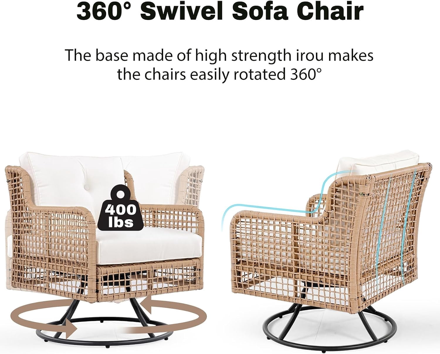 4-Piece Outdoor Wicker Patio Conversation Set with Swivel Chairs, 5-Person Rattan Sectional Seating, Beige for Backyard Poolside Deck