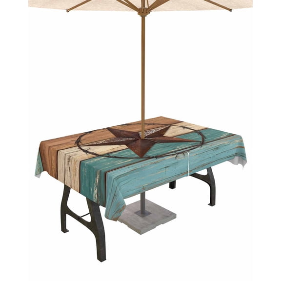 Hokiten Outdoor Tablecloths with Umbrella Hole & Zipper, Teal Brown Blue Rectangle Tablecloth 60x120 Inch, Vintage Country Barn Star Wooden Grain Waterproof Table Cloth, Patio/Pool Table Covers
