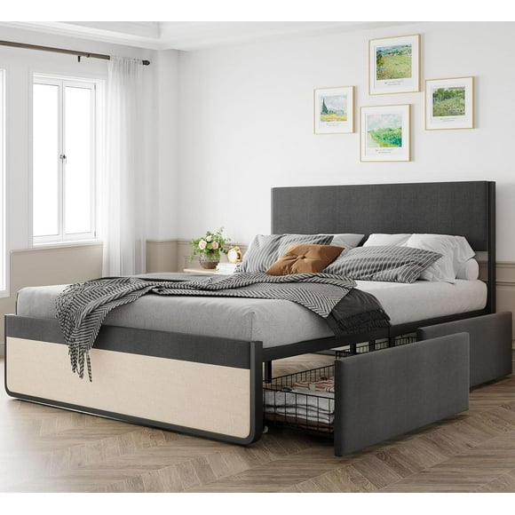 Queen Size Bed Frame with Headboard and 2 Storage Drawers, Mattress Foundation Platform Bed Frames with Metal Slats Support, No Box Spring Needed, Noise Free, Easy Assembly, Grey Linen
