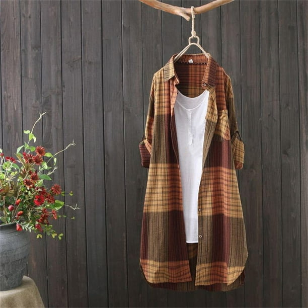 ICHUANYI Clearance Ladies Fashion Color Lattice Stripe Long Sleeve Cotton Casual Loose Shirt Coat(Coffee, S) ICHUANYI WER2023081114959
