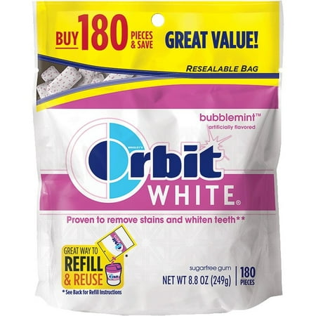 (2 Pack) Orbit Gum White, Bubblemint Sugarfree Chewing Gum, Resealable Bag, 8.5 Oz 180