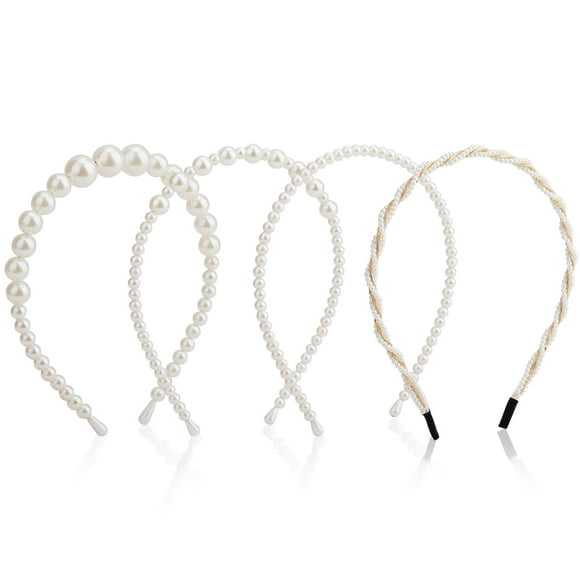 Woeilo 4PCS Pearl Headband Cute Beaded White Headband Thin Headbands No Slip Head Bands for Women's Hair Accessories for Women Girls White