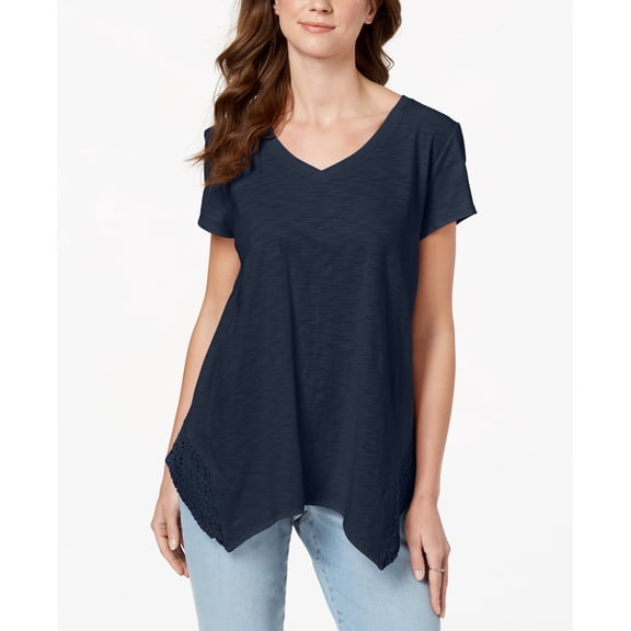 Style & Co Crochet Handkerchief Hem T-Shirt Industrial Blue S