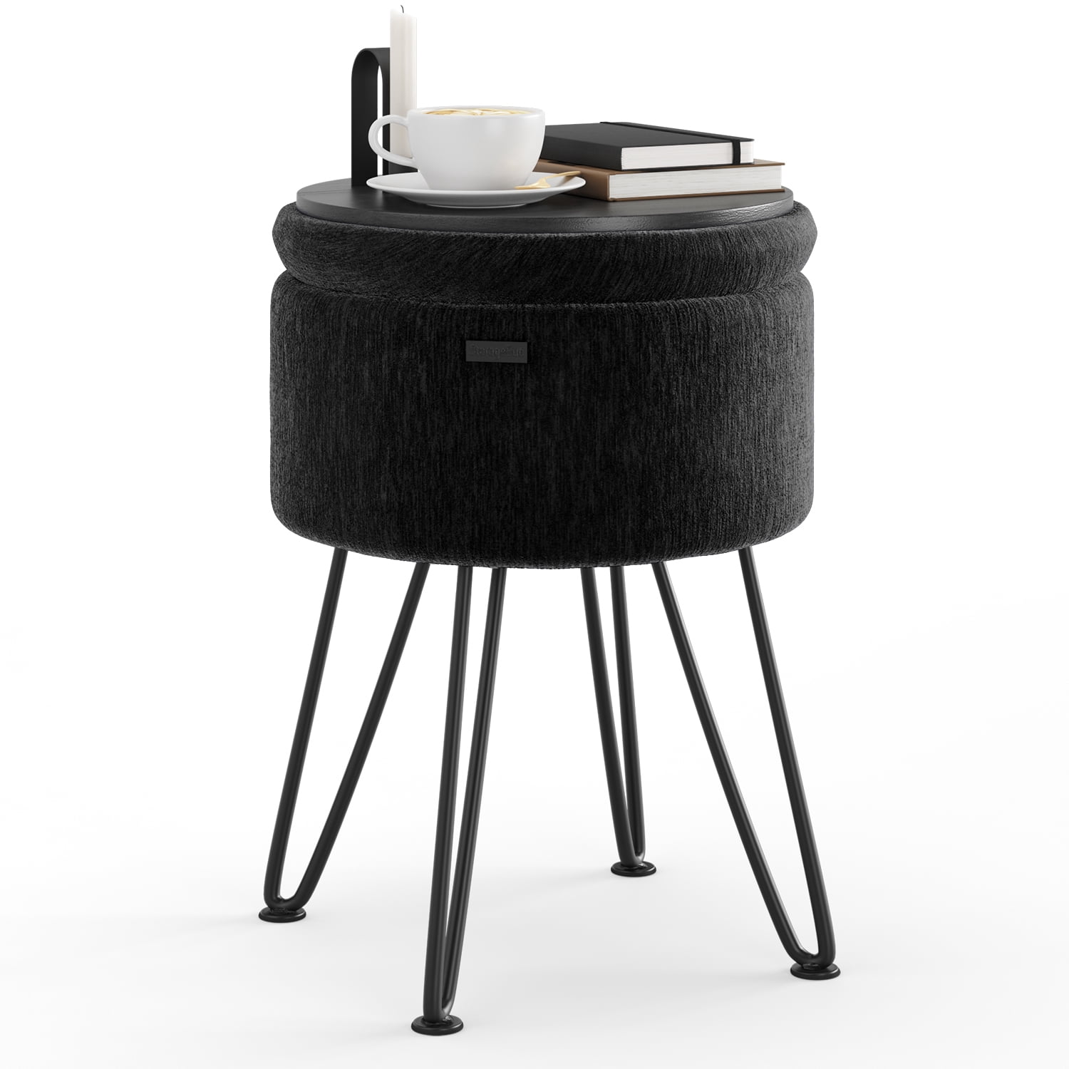 LammaLoe Small Round Ottoman with Storage, Textured Velvet Ottoman Foot Stool with Lid, Upholstered Vanity Stool for Living Room & Bedroom, Black