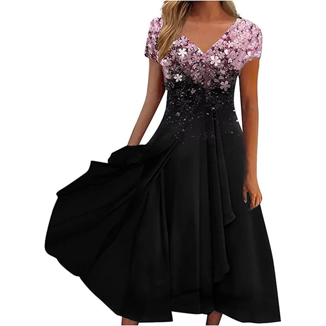 QJUHUNG Robe Midi Formelle pour Femmes Soirée Été Col en V Manches Courtes T-Shirt Soirée Invité de Mariage Style Asymétrique B-8 Cocktail Gris_i L