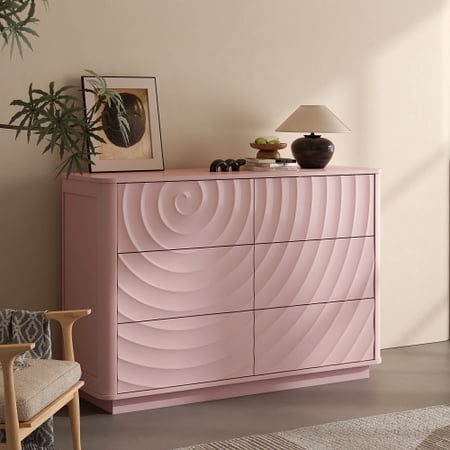 6 Drawer Dresser for Bedroom Modern Large Chest of Drawers with Handle-Free Ripple Design Wooden Storage Organizer for Closet Nursery Living Room Pink
