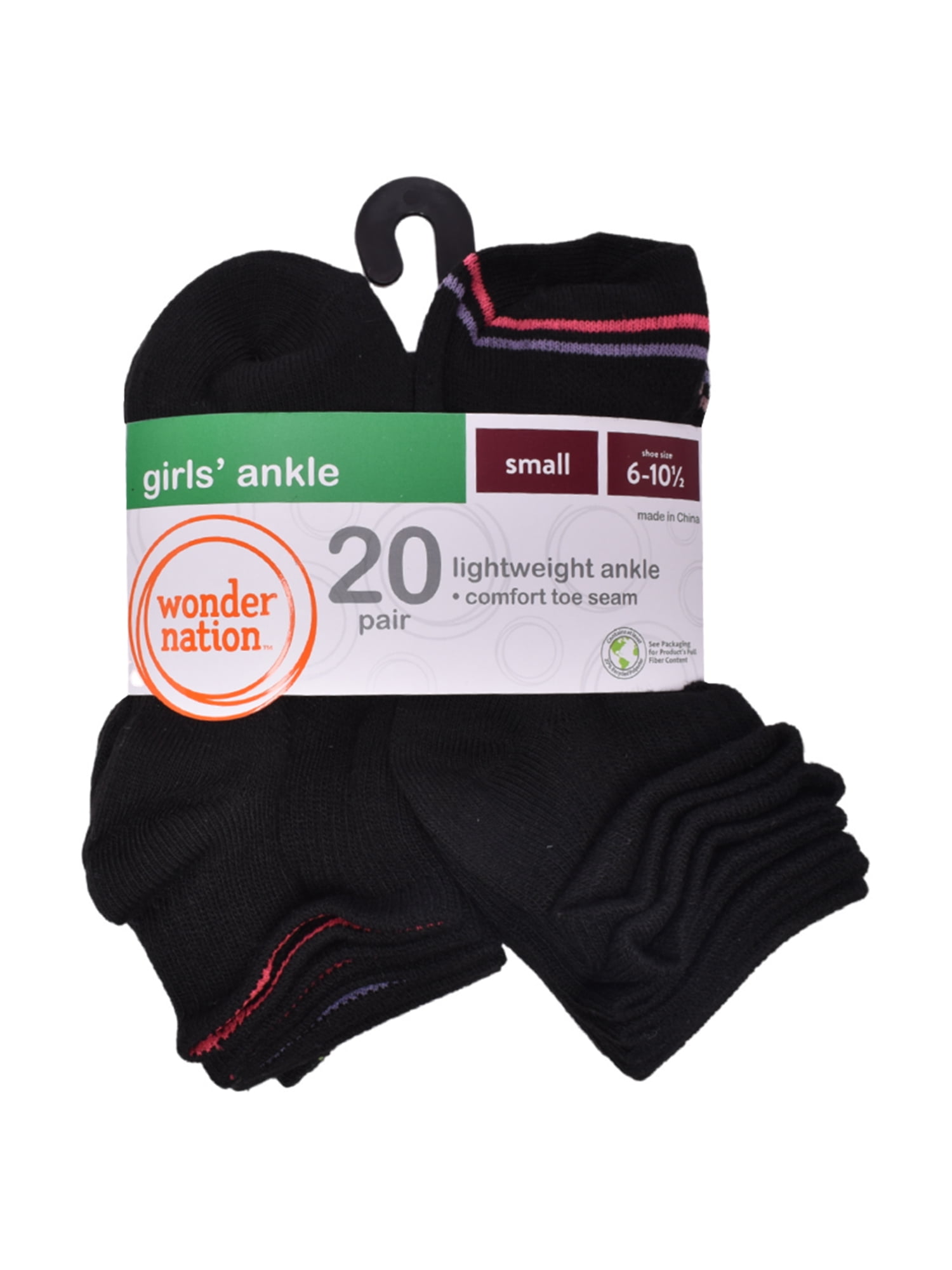 Wonder Nation Girls Ankle Sock, 20 Pack, Sizes S-L