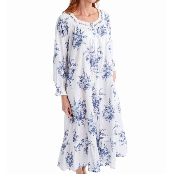 Women's La Cera 1211R 100% Cotton Woven Printed Floral Button Front Robe (White/Blue L)