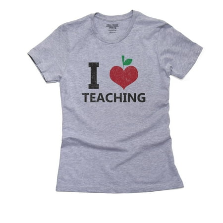 I Love Teaching Red Apple Heart Graphic Women's Cotton Grey T-Shirt