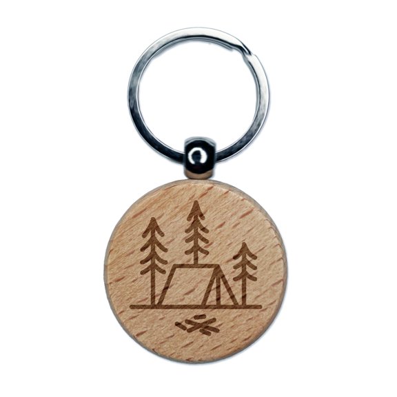 Simple Tent Camping in Woods Round Keychain Charm Tag - Engraved Wood
