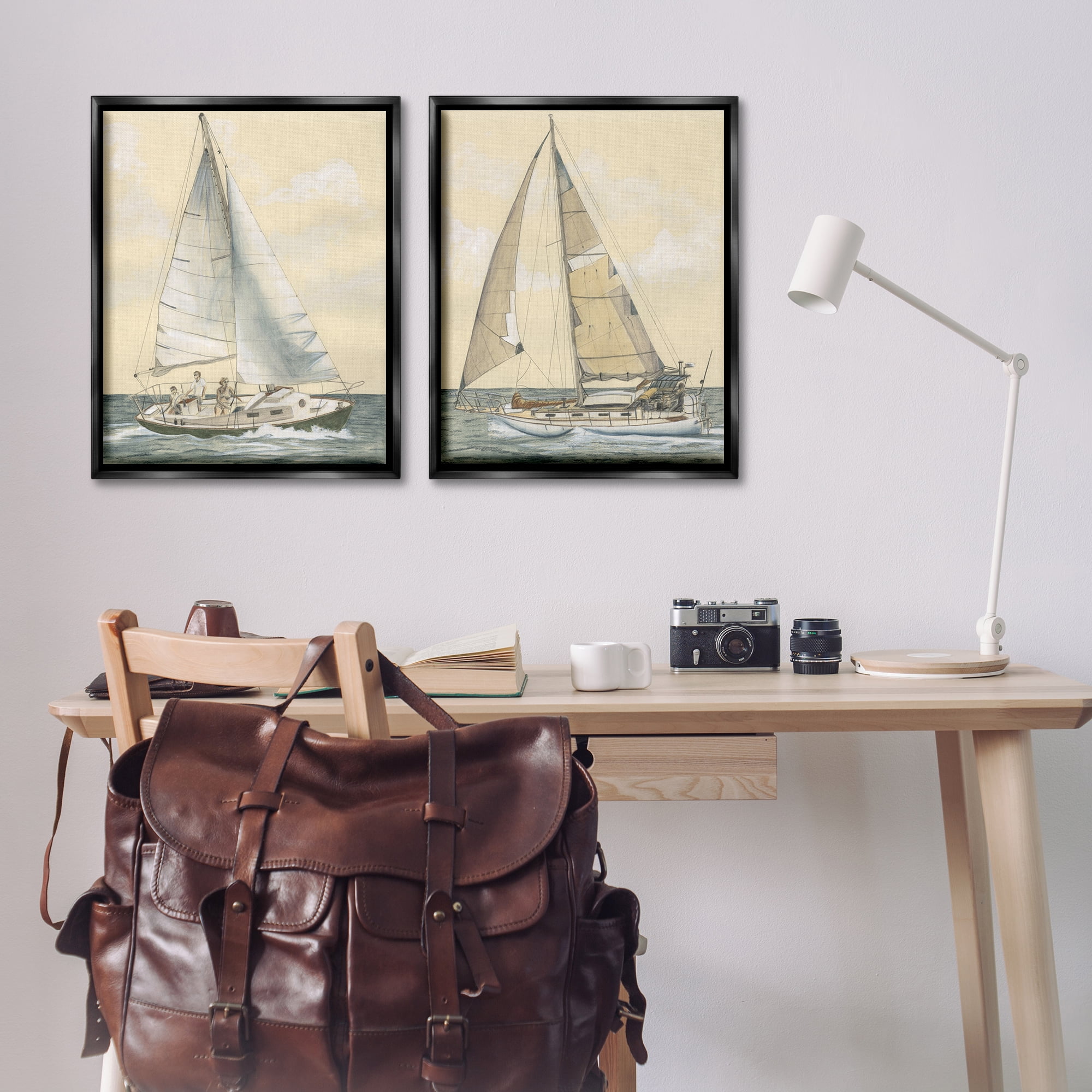 Stupell Industries Sailboat Crew At Sea People Painting Black Floater Framed Canvas Art Print Wall Art, 31 x 25, Set of 2