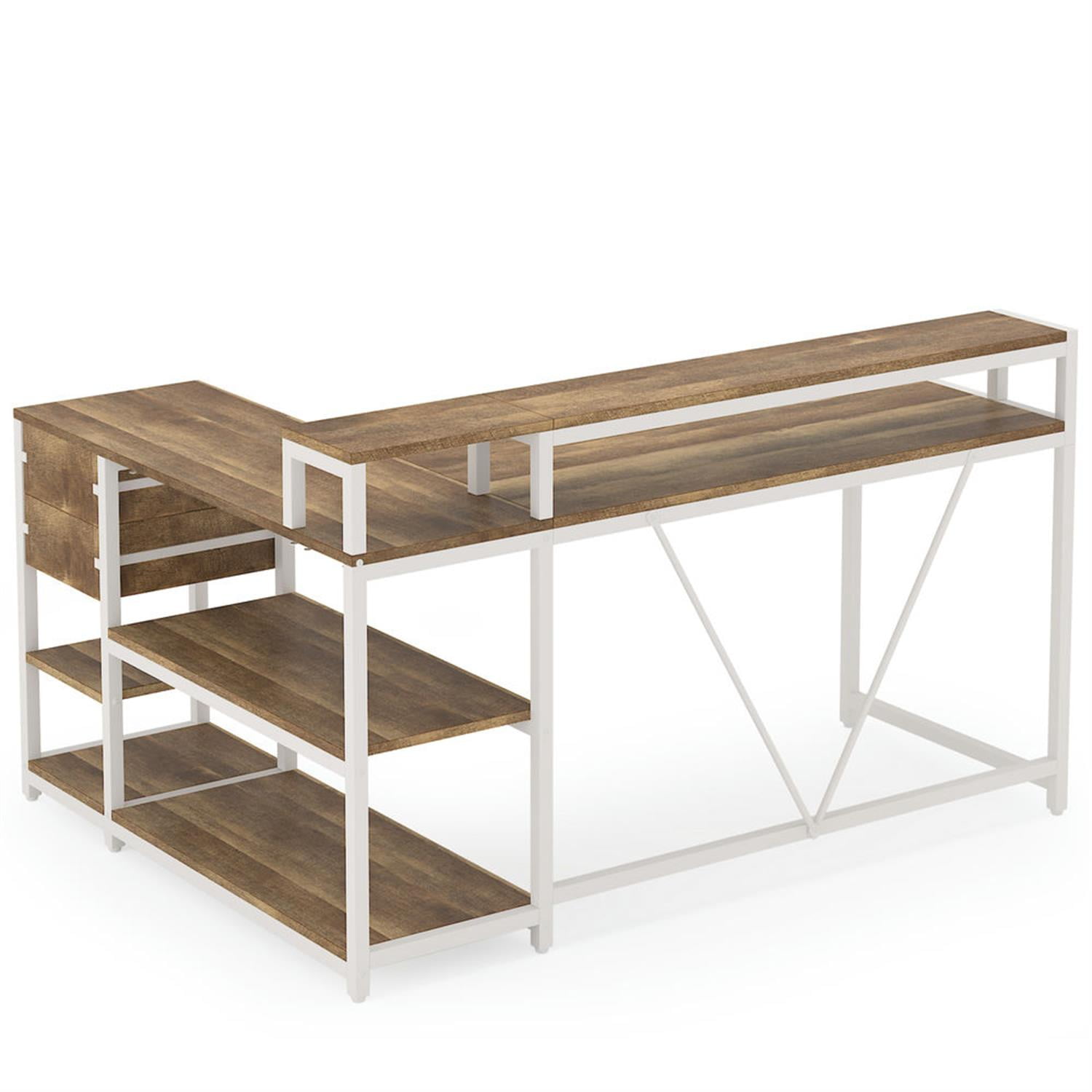 Demi Bonn Industrial L Shaped Gaming Desk, 55" Reversible Corner Executive Desk with Drawers and Shelves for Home Office, Beige